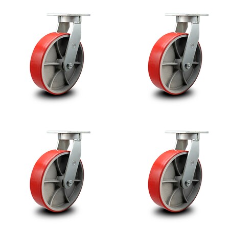 Extra Heavy Duty Kingpinless 10? x 3? Red Polyurethane on Cast Iron Swivel Caster Set - 12,000 lbs. Total Capacity - Set of 4 - Service Caster Brand